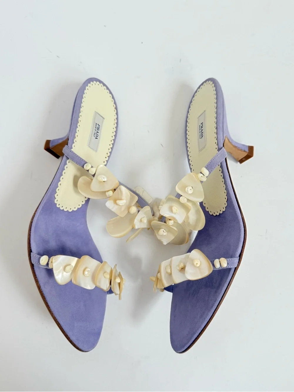 Rare 2003 Prada Archive Glicine Shell Embellished Suede Kitten Heel Mules EU 37
